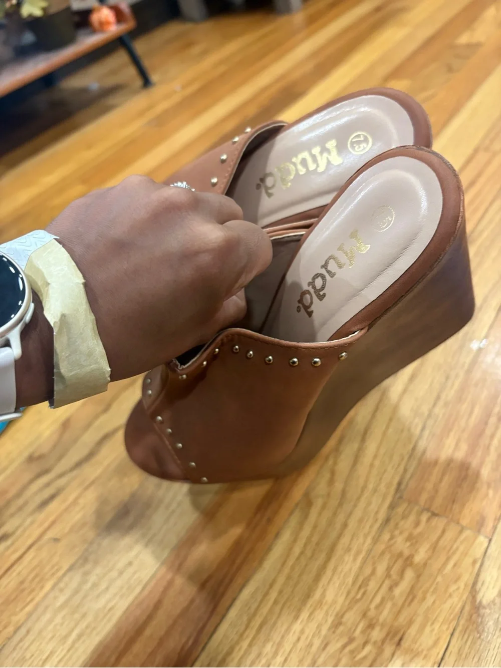 Mudd Tan Studded Wedge Mules